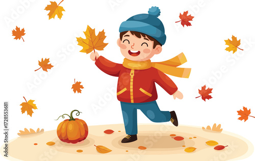 Happy cartoon boy playing with autumn leaves, child wearing scarf and hat, fall season illustration with pumpkin, outdoor seasonal kids design