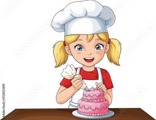 Smiling cartoon girl chef decorating pink birthday cake with cream, cute young baker character in uniform hat, pastry cooking illustration