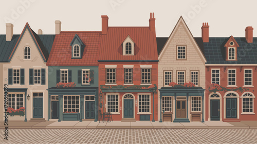 Row of historic brick buildings with colorful facades and detailed architectural features lining a cobblestone street