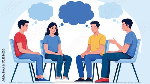 Diverse group of young adults sitting in a circle sharing ideas and thoughts in a therapy or support group session with speech bubbles above their heads