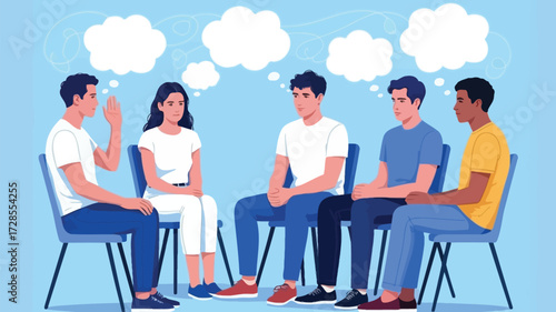 Diverse group of young adults sitting in a circle with thought bubbles above their heads representing ideas and communication