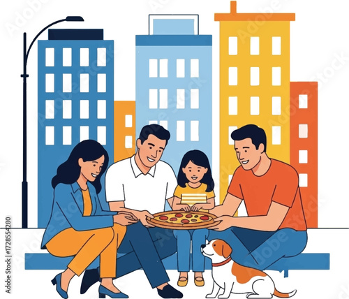 A family and a friend sharing a pizza together in a city setting.