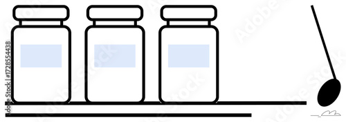 Three jars lined up on a shelf with a spoon resting nearby. Ideal for storage, cooking, minimalism, organization, culinary themes, preservation, kitchen management. Simple flat metaphor