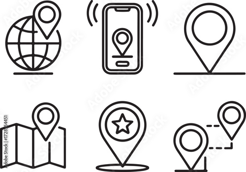 Minimalist vector set of six essential location and navigation line icons, perfect for digital mapping, GPS applications, and mobile interface design