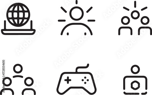 A clean minimalist line art illustration set of modern technology and business icons for digital communication, teamwork, and online gaming