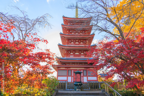 本土寺の五重塔と紅葉した風景