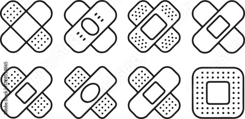 Clean and modern graphic design of medical bandage icons. A minimalist line art collection of various adhesive plasters for first aid treatment