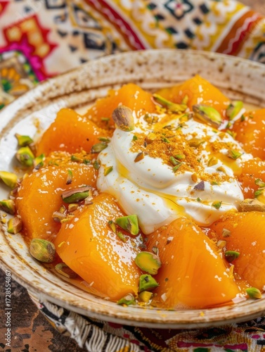 A sweet Indian treat showcasing bright orange halva topped with cool Greek yogurt, juicy mango, and garnished with pistachios and saffron, served on a colorful textile