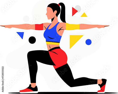 Fit Woman Performing a Deep Lunge Exercise with Arms Extended in Dynamic Geometric Background
