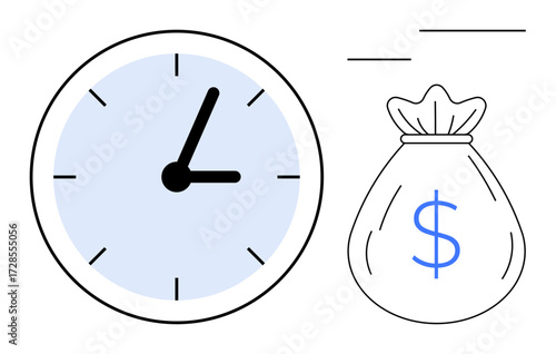 Large clock beside bag with dollar sign indicating time and money correlation. Ideal for time management, savings, productivity, efficiency, investments, deadlines, wealth focus. Simple flat metaphor