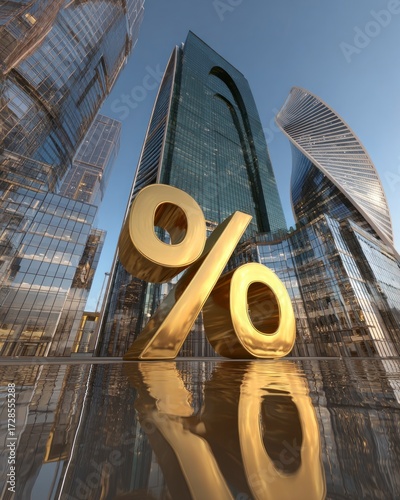 Concept of economy and business growth with golden percent sign in modern city center.