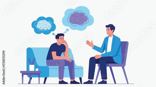 Young man in therapy session discussing his thoughts and feelings with a professional counselor in a calm modern office setting