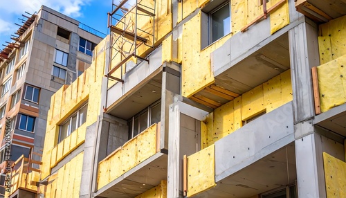 Apartment building under construction with insulation