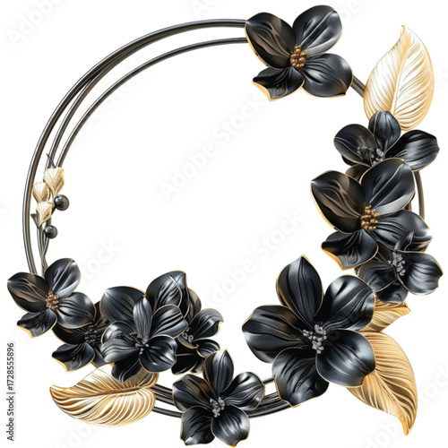 Elegant circular floral frame with dark blossoms and golden leaves, perfect for sophisticated designs.