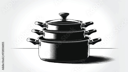 A black and white illustration of a set of nested cooking pots and pans arranged in a minimalist style. 