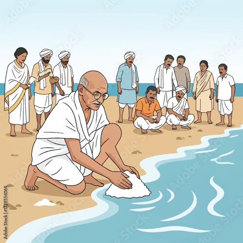An illustration of Mahatma Gandhi making salt on Dandi beach during the Salt March, a key event in India's fight for independence.