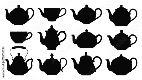 A black and white silhouette illustration of various teapots and tea cups arranged in a grid pattern.