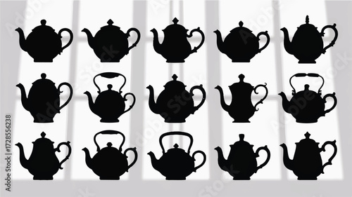 A black and white silhouette illustration of various teapots and tea cups arranged in a grid pattern.  
