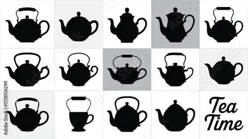 A black and white silhouette illustration of various teapots and tea cups arranged in a grid pattern.  