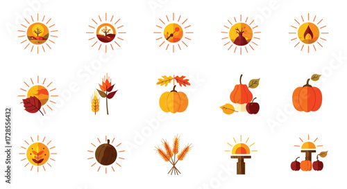 Autumn sun shines on pumpkins and wheat, symbolizing harvest season and the beauty of fall with warm colors and seasonal elements.