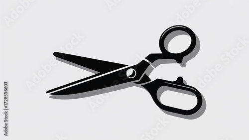 A minimalist black and white illustration of a pair of scissors in a horizontal position against a white background 