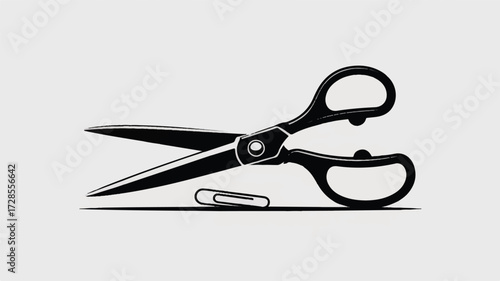 A minimalist black and white illustration of a pair of scissors in a horizontal position against a white background 