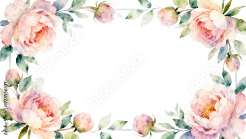 Wallpaper Mural Watercolor floral frame with soft pink peonies, green leaves and delicate pastel petals for wedding or greeting design
 Torontodigital.ca