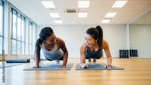 Wallpaper Mural Two women transition from plank to push-up exercise on yoga mats in a brightly lit gym studio footage Torontodigital.ca