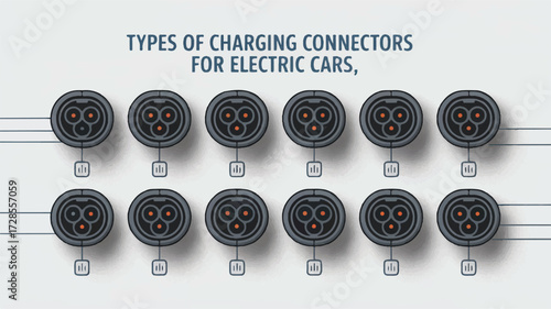 A technical diagram showing 12 different types of electric vehicle charging connectors arranged in two rows.  
