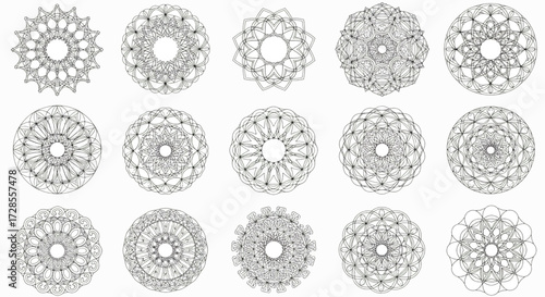 Collection of intricate mandala shapes arranged on white surface creating visually appealing and calming patterns for creative projects.