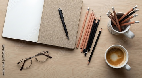 Elegant workspace composition featuring an open notebook, writing implements, eyewear, and a steaming cup of coffee