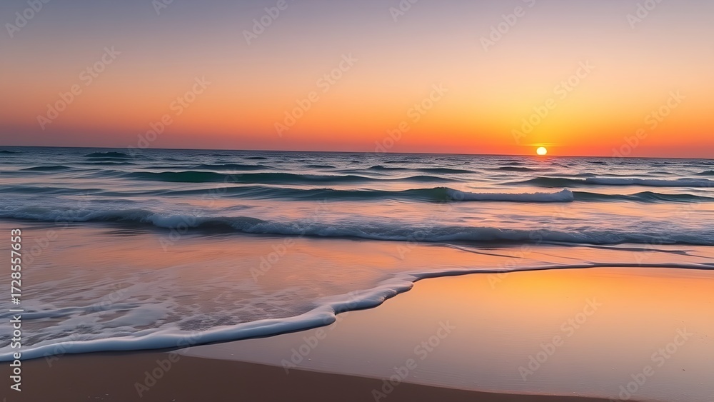 Naklejka premium Tranquil beach sunset with gentle waves, offering a peaceful and scenic escape.