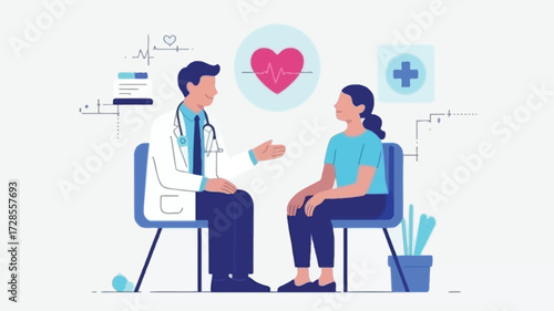 Doctor consulting with a patient in a modern clinic with medical icons representing health and care