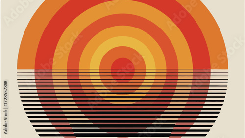 Abstract mid century modern art with concentric arcs and reflective horizontal lines on a cream background