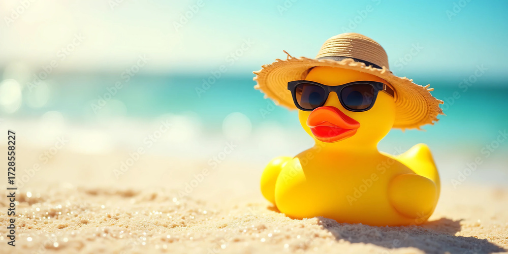 Obraz premium Yellow rubber duck on Holiday at sandy beach with ocean waves in background under natural sunlight