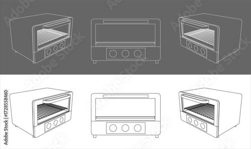 Toaster oven blueprint vector illustration — technical drawing kitchen appliance line art isolated