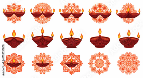 Diwali lamps glowing with warm light, arranged in decorative patterns against a white backdrop, creating a festive and spiritual atmosphere.