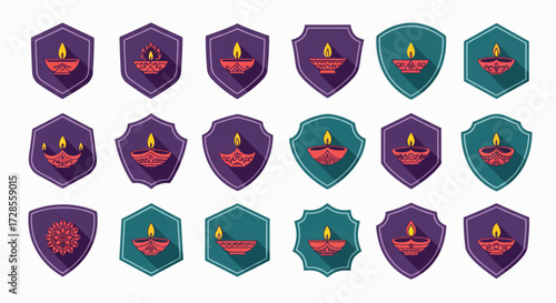 Collection of diwali lamps glowing brightly on decorative shields against white, celebrating the festival of lights with vibrant color and spiritual significance.