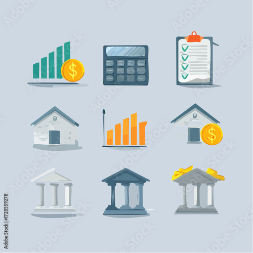 Cartoon illustration showing financial growth, calculations, checklist, houses, and bank buildings, representing investment and financial planning.