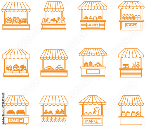 Diverse market stalls showcasing fresh produce and baked goods in a vibrant collection