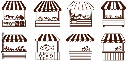 Collection of charming market stalls featuring fresh produce, baked goods, fish, and cheese