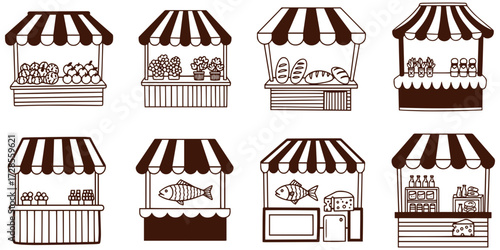 Vibrant market stalls showcase fresh produce, flowers, baked goods, fish, and beverages
