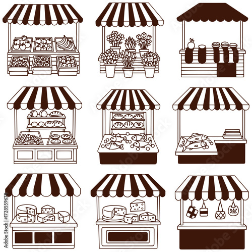 Charming farmer market stands offering fresh produce, seafood, cheese in detailed outline style