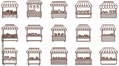 Collection of diverse market stalls, ideal for commerce and retail themes