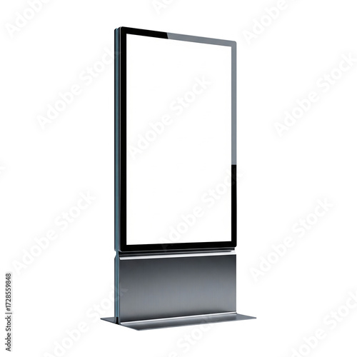 A sleek, modern digital totem with a blank illuminated screen, perfect for outdoor advertising mockups and public information display templates