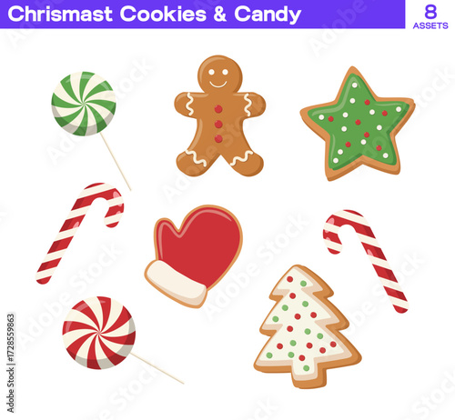 Festive collection of Christmas cookies, gingerbread, candy cane, lollipop, star, tree, and mitten. Perfect for holiday design, winter decoration, greeting card, and seasonal vector art.