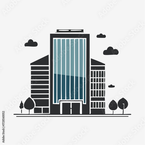 Stylized illustration of a modern office building with a central tower, flanked by smaller structures, against a light background with clouds and trees.