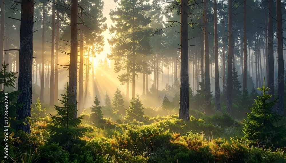 Fototapeta premium forest with misty morning light filtering through tall pine trees