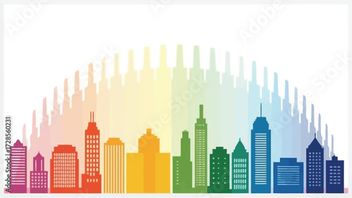 Vibrant rainbow cityscape silhouette with diverse modern skyscrapers against a bright white background