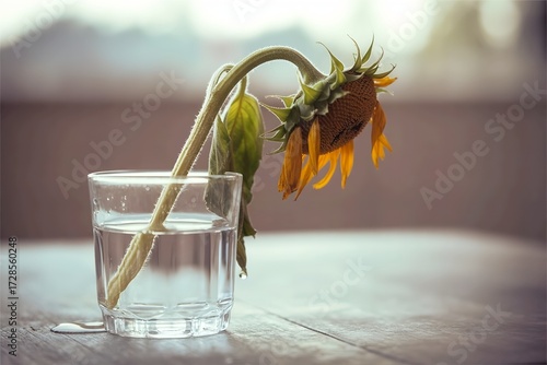 drooping flower in clear water glass. Futile and lifeless concept